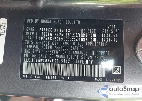 2019 Honda Cr-V Ex-L z USA, uszkodzony, nr VIN JHLRW2H87KX015412